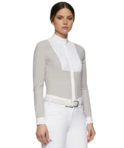 Cavalleria Toscana Crochet Bib Long Sleeve Shirt -Cavalleria Toscana Store crochet bib LS shirt grey front CAD131 JE140 8100 CT 69848.1649191666