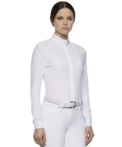 Cavalleria Toscana Crochet Bib Long Sleeve Shirt -Cavalleria Toscana Store crochet bib LS shirt white front CAD131 JE140 0001 CT 97271.1649191656