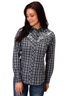 Roper Plaid Embroidered Horseshoe Shirt Long Sleeve -Cavalleria Toscana Store embroid shoe plaid ls grey front 0105000244023 roper 11802.1663802606