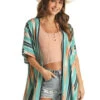 Rock & Roll Aztec Stripe Kimono Top -Cavalleria Toscana Store kimono aztec stripe turquoise front RRWT27RZO8 rock and roll 03245.1653078812