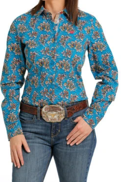 Cinch Performance Shirt No Pockets -Cavalleria Toscana Store lds cinch print ls blue front MSW9165033 cinch 21424.1689020640